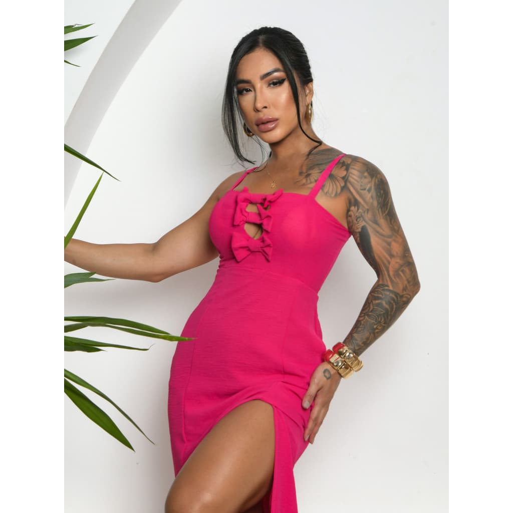 Vestido midi 3 LAÇOS Feminino Festa Fenda Lateral Laços Busto Tamanhos M G
