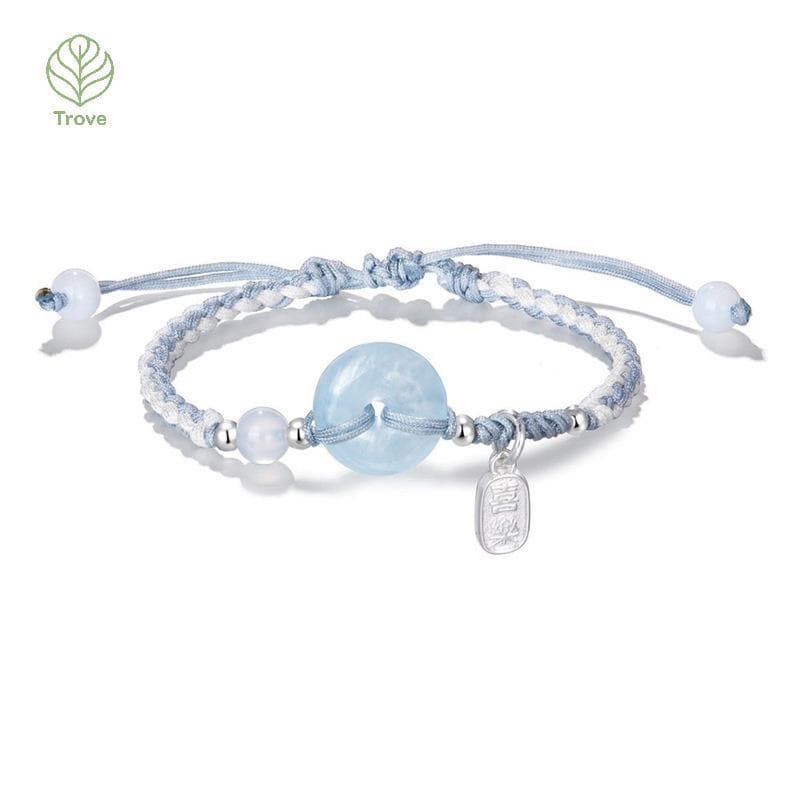 Trove Guochao Mar Azul Imitação Jade Calcedônia Ping Um Fecho Pulseira Novo Estilo Chinês Uma Alegria Tecido À Mão
