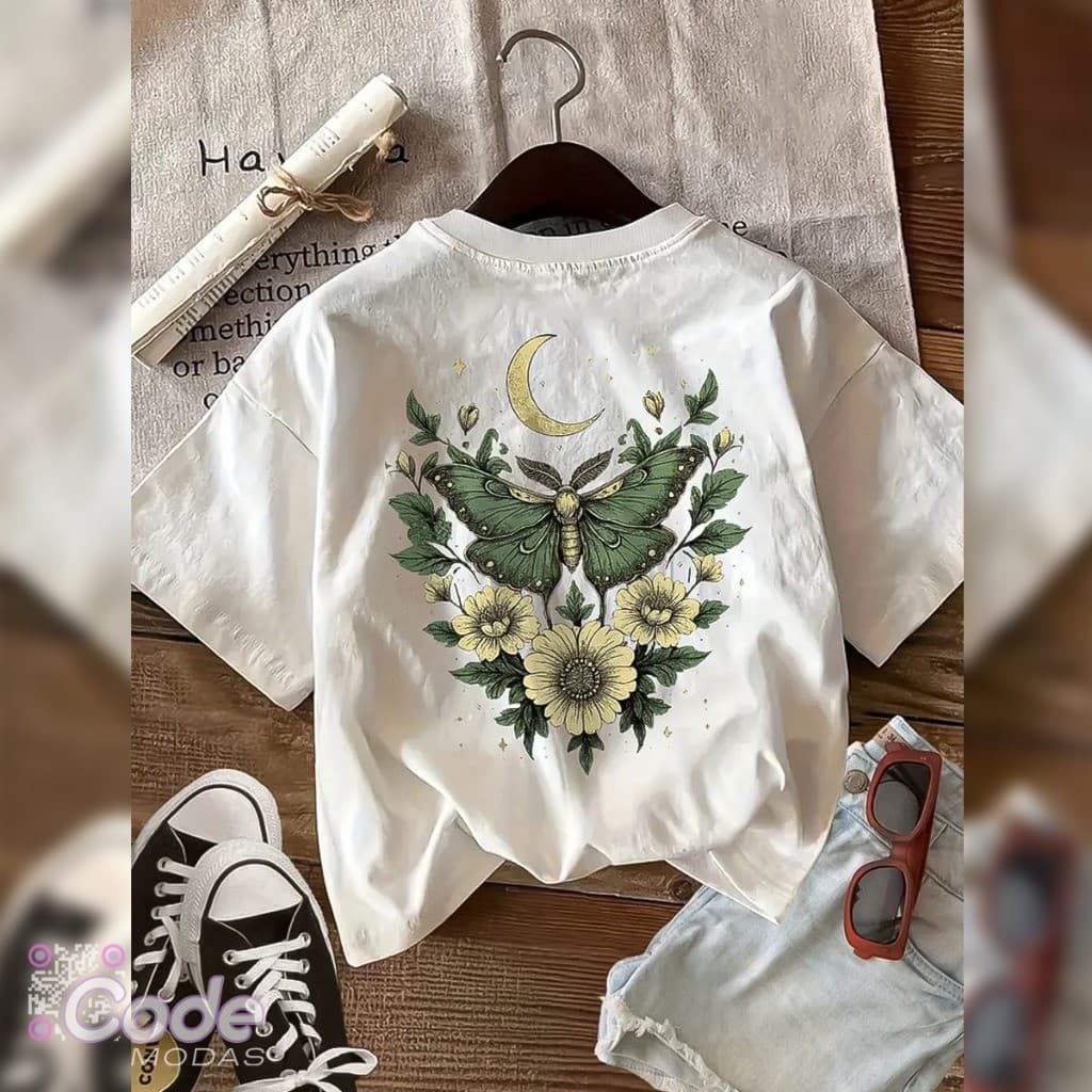 Camisa Camiseta T-Shirt Borboleta Botânica Estilo Vintage Algodão Aesthetic