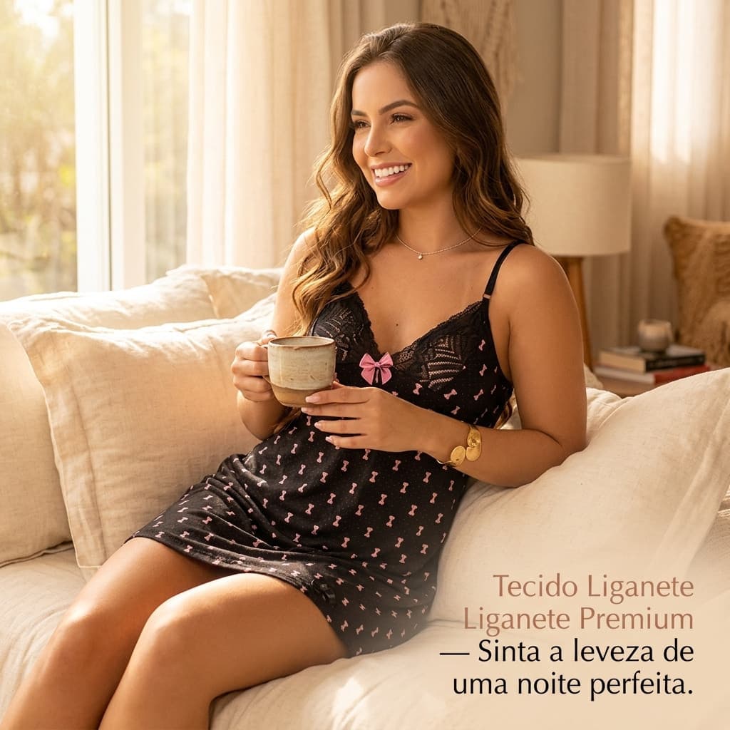 Camisola Liganete Renda Pijamas Femininos Alcinha Ajustável Estampada Sensual Leve