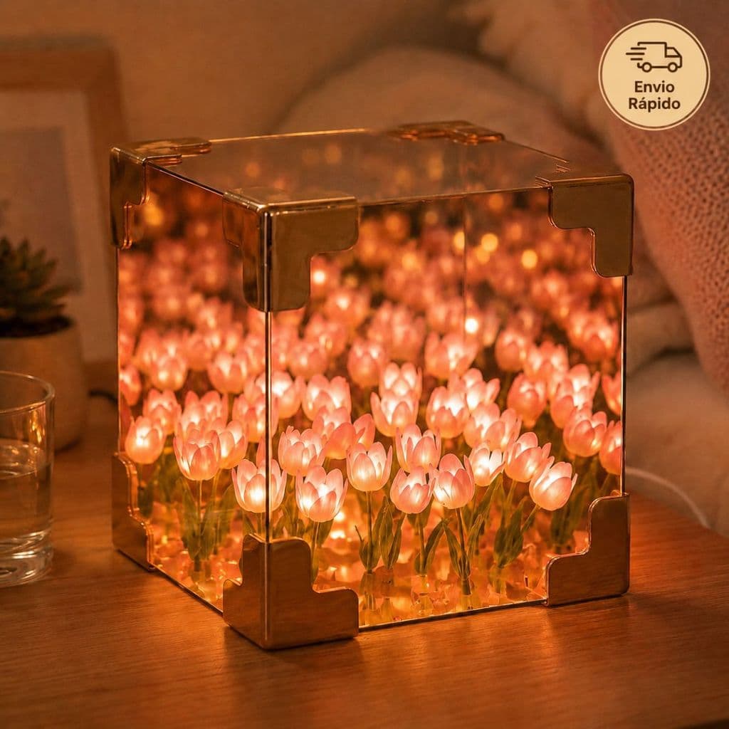 Luminária Flores Tulipa DIY LED Espelhada 3D em Cubo Luz Noturna Decorativa para Quarto