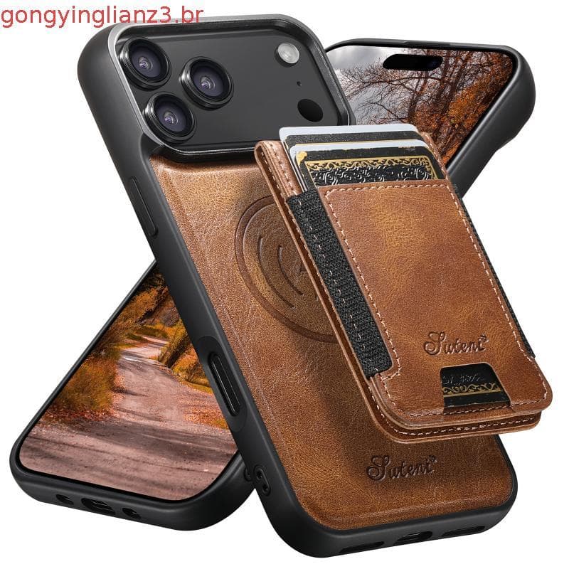 Capa De Couro De Grão Encerado Removível 2 Em 1 Para iPhone 17 Pro Max 16 15 14 13 12 11 Slot Cartão À Prova De Choque M