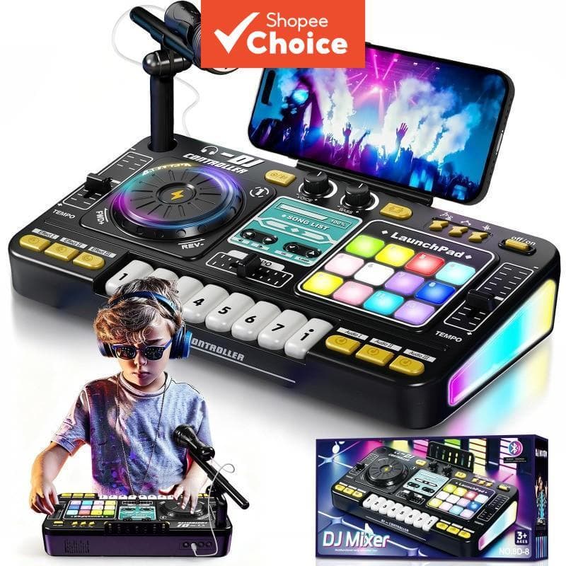 Controlador de Mixer DJ de Simulação Infantil, Brinquedo Multifuncional com Efeitos Musicais, Teclado Eletrônico,