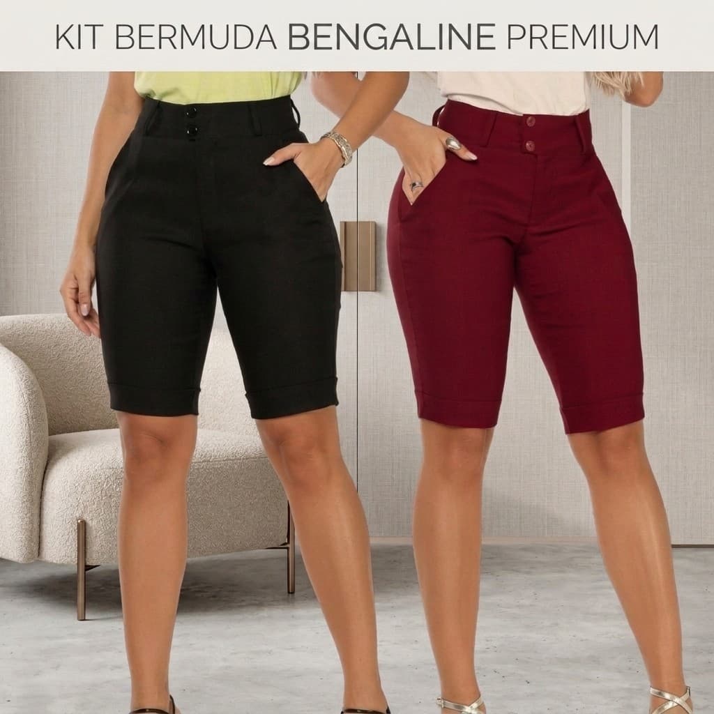 Kit 2 Bermudas Femininas Bengaline Premium Cintura Alta Social Elegante com Bolsos Casual