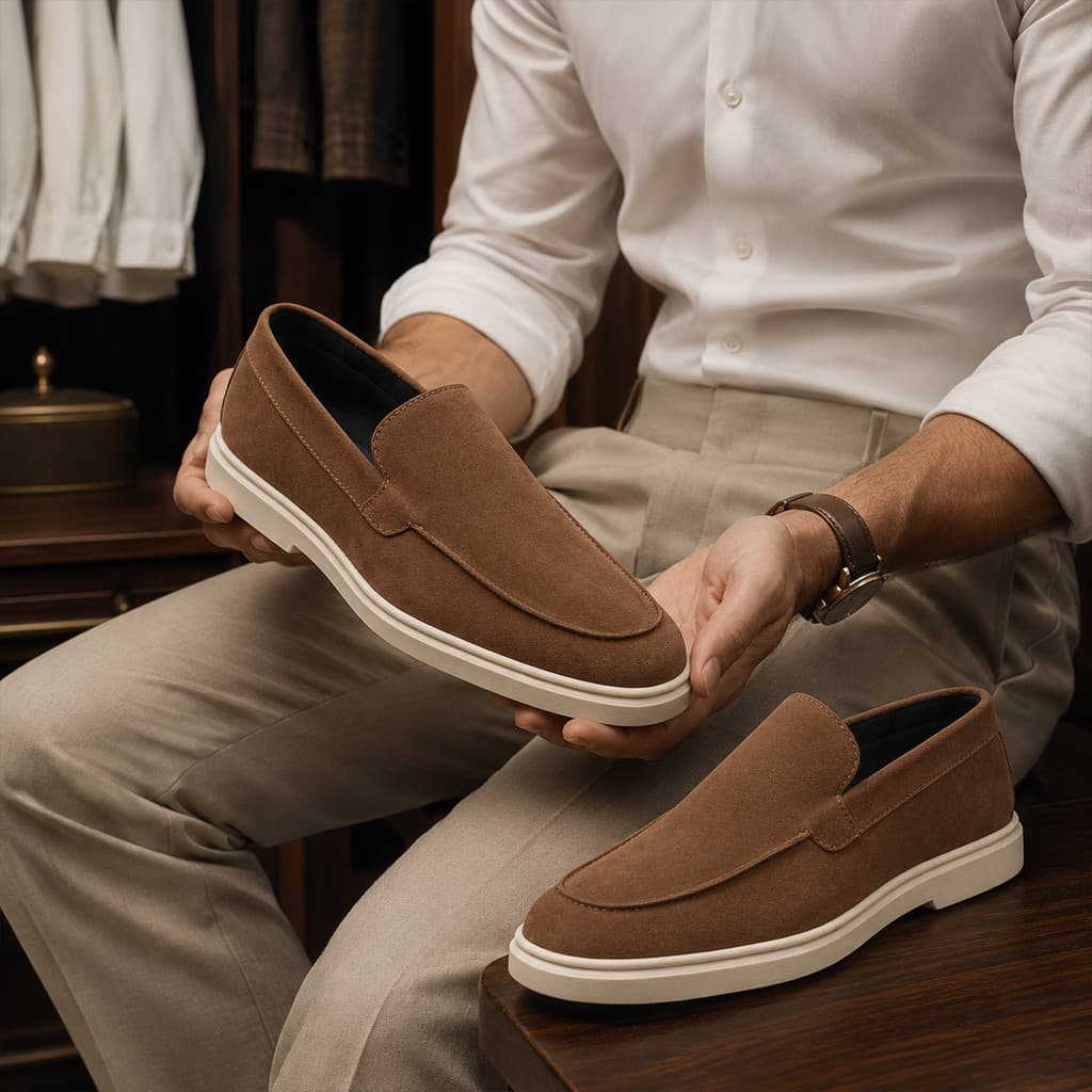 Mocassim Masculino Marrom Camurça Slip On Sola Clara para Trabalho, Eventos, Comercial e Casual