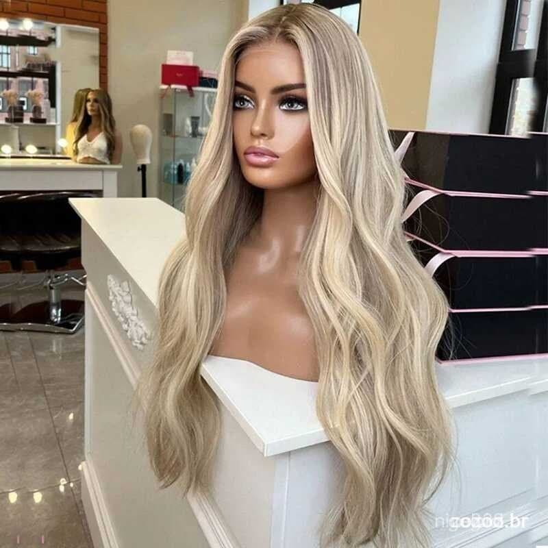 Peruca de cabelo humano loiro real 360 graus, com mechas, cor 613, ondas naturais, adequada para mulheres, confortável d