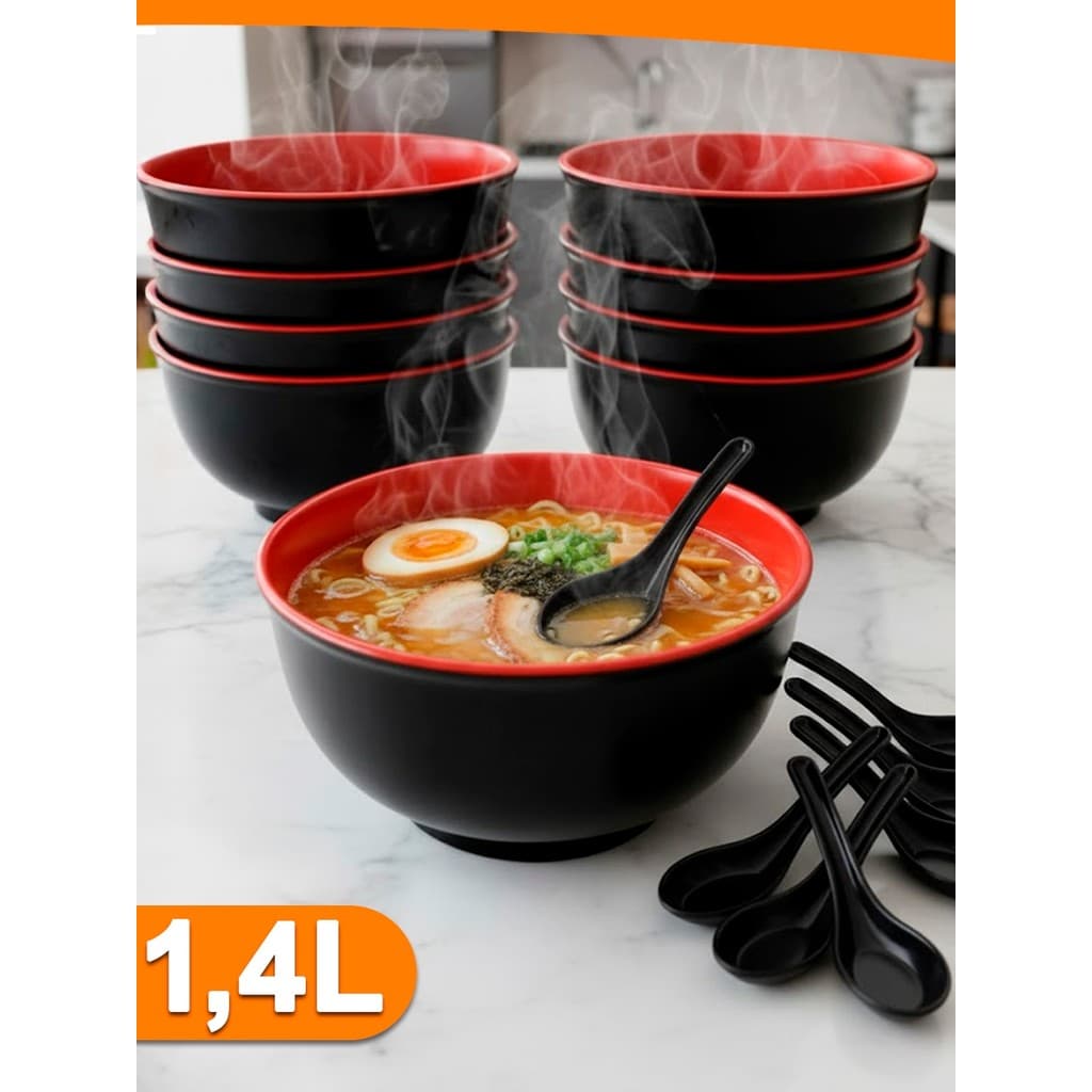 Kit 2 a 12 Tigelas Melamina Colher Bowl Oriental Preta 1,4L Japonês Restaurante Profissional 19x9CM Importadora Util