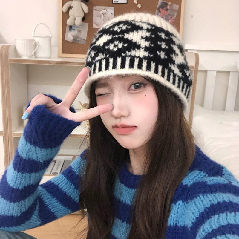 Gorro de malha jacquard rômbico vintage para mulheres, novo chapéu bucket com patchwork para aquecer as orelhas, estilo