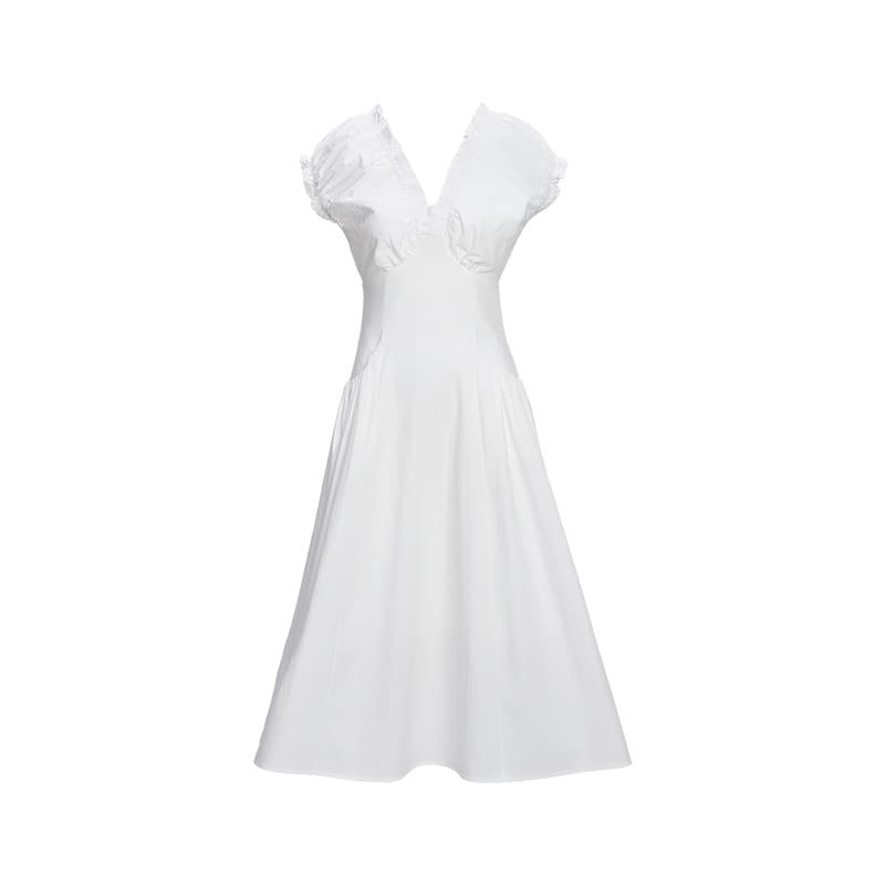 2026 suave branco com decote em V vestido de manga bufante feminino primavera doce linha A primeiro amor saia longa