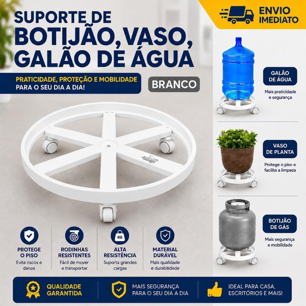 Suporte Apoio Botijão Gás Vaso Galão Água Base Rodinha Branco