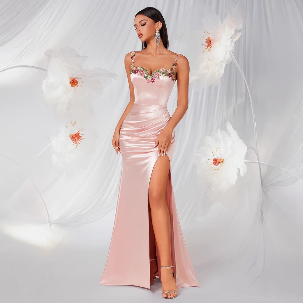Novo vestido de noite estilo francês, luxuoso e leve, com alças de cetim rosa, renda bordada de alta qualidade e saia co