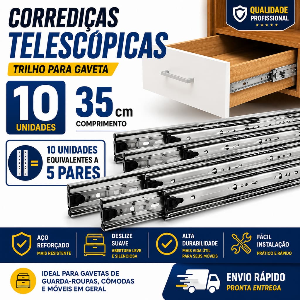 10 Corrediças Telescópicas Trilho Gaveta Guarda Roupa 35 Cm