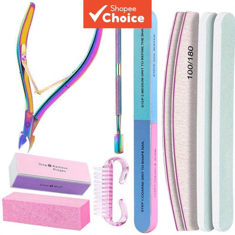 Kit-10Pcs Arquivos de Unha 100/180 Lixa Profissional Bloco de Esponja Escova Tesouras Kit com Nipper de Cutícula