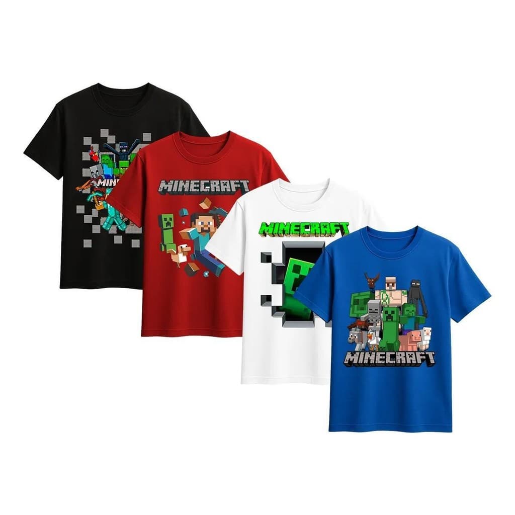 Kit 4 Camisetas Infantis Menino Menina Unissex Gamer Pixel Aventura Blocos Jogo 100% Algodão