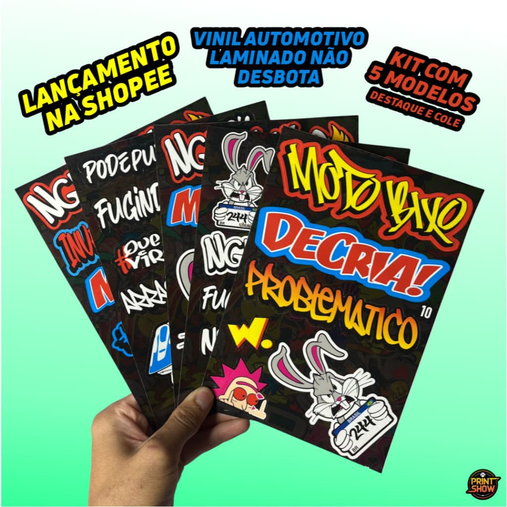 Kit 5 Cartelas Adesivos Vinil Laminado 22x15cm à Prova D’Água, Não Desbota e Alto Brilho Moto Carro Bike Capacete