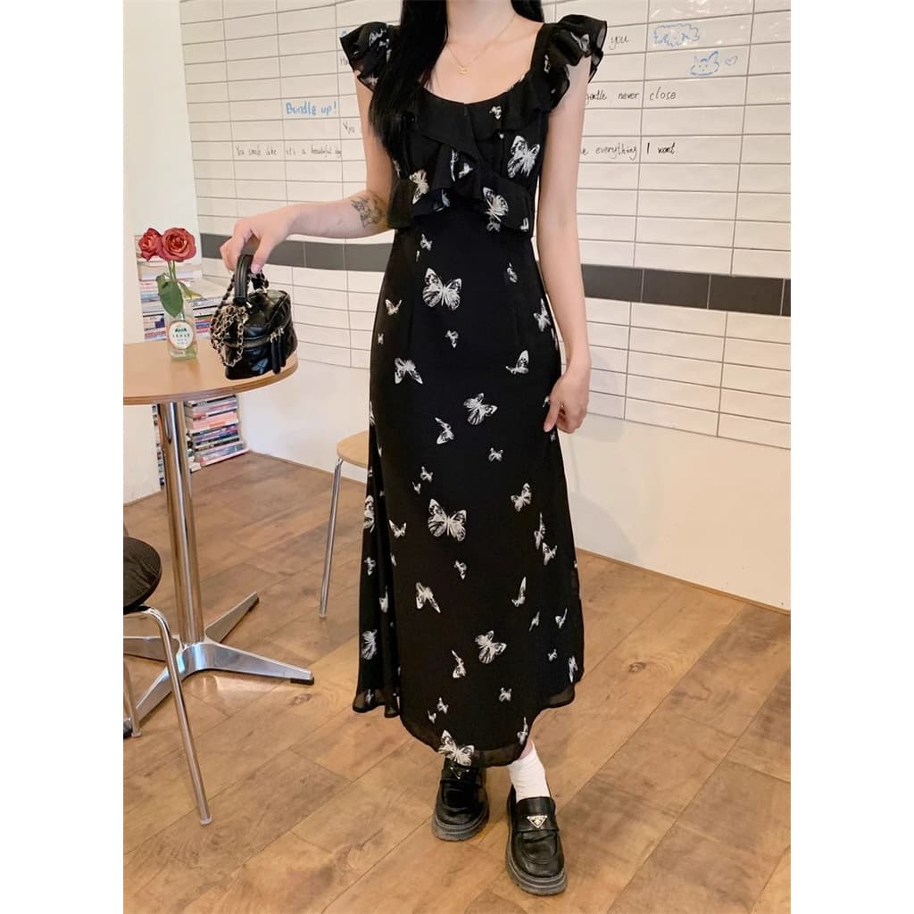Pequena manga voadora preto borboleta estilingue vestido feminino verão estilo francês temperamento bela cintura estreit