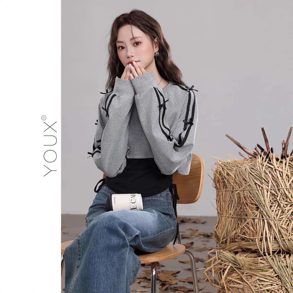 2025 Laced-Up Design Bow Slim-Fit Slimmer Look Moletom de manga comprida Outono Inverno Colete Terno de duas peças