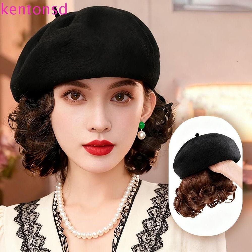 Chapéu feminino com peruca integrada KENTONSD, realista e elegante, charmosa boina octogonal JOSH 0GH7