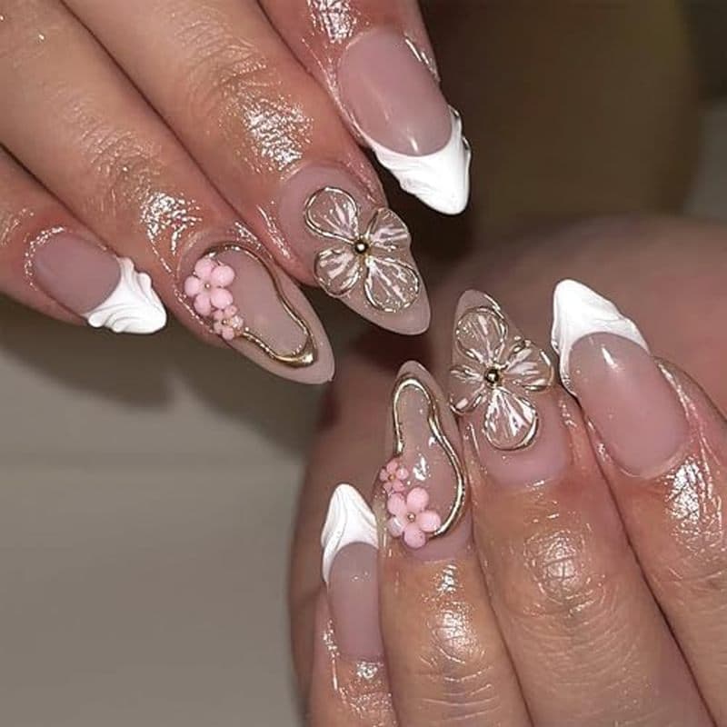 SINHOT Amêndoa Press on Nails Médio-Flor 3D Unhas Postiças Cola Brilhante Em 3D Branco Redemoinho Prego Cromado Stiletto