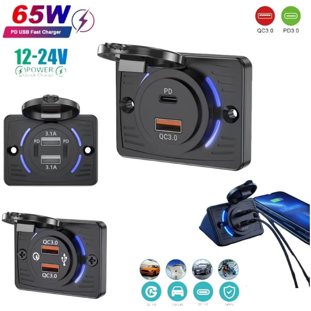Carregador De Carro 12V 24V Compatível Com Montagem Em Painel USB 2-4 Portas Ilhó De Borracha À Prova De Choque Tomada D