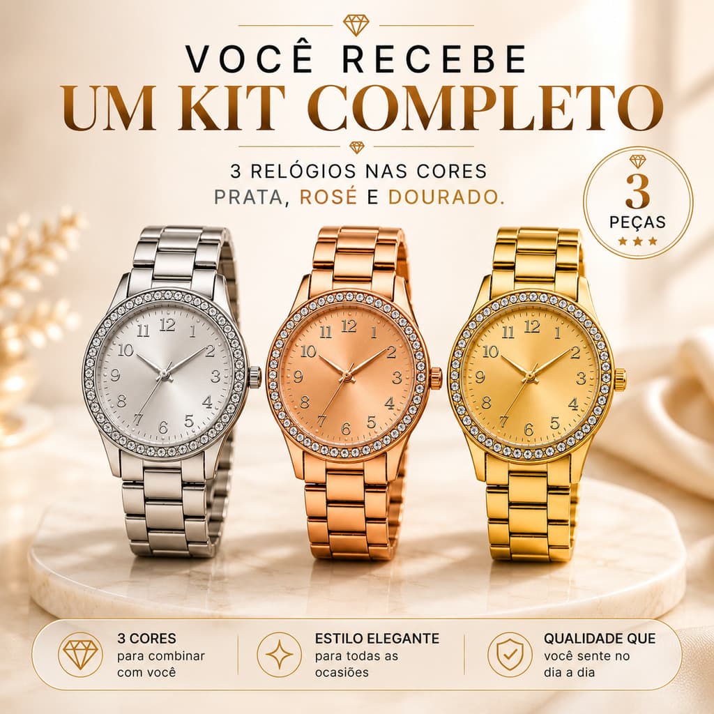 Kit 3 ou 2 Relógios Femininos Analógicos com Pulseira Metálica e Cristais Elegantes