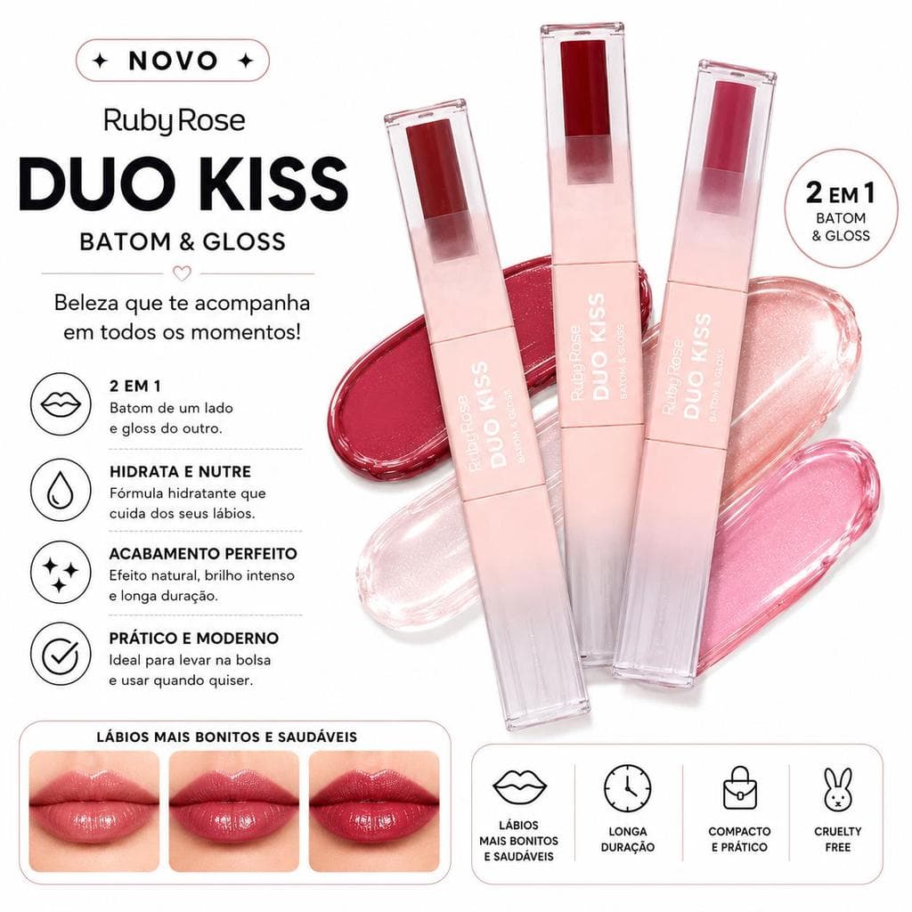 Ruby Rose Batom Duo Kiss 2 em 1 Linha Rosa Alta Cobertura e Gloss Radiante Confortável Longa Duração Cruelty Free