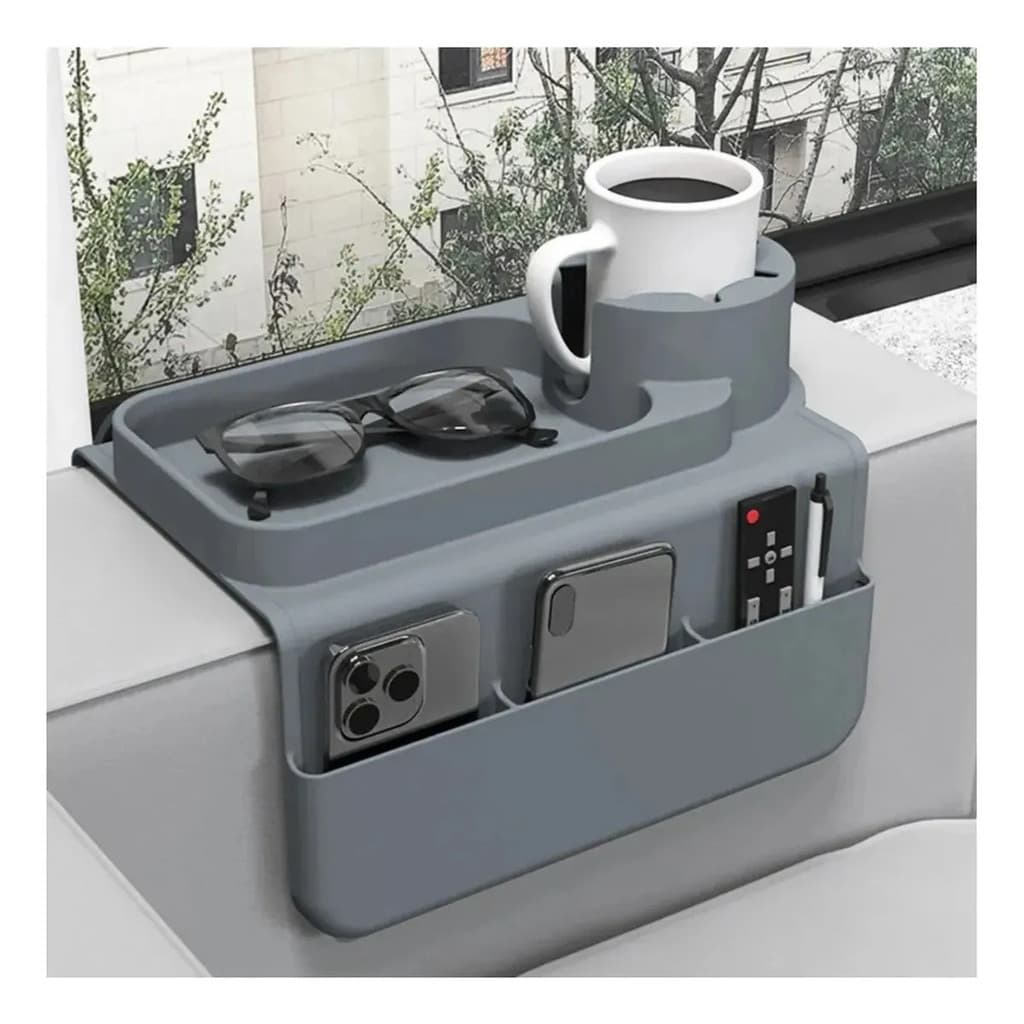 Organizador Bandeja Braço Sofá Silicone Porta Objetos Copo Celular Cinza