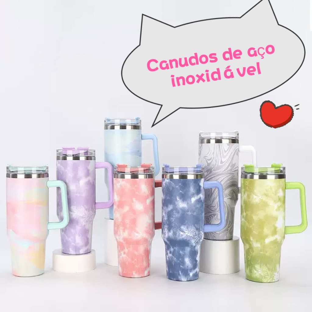 Garrafa térmica portátil de aço inoxidável com pintura marmorizada, capacidade de 1200ml, com tampa e canudo metálico.