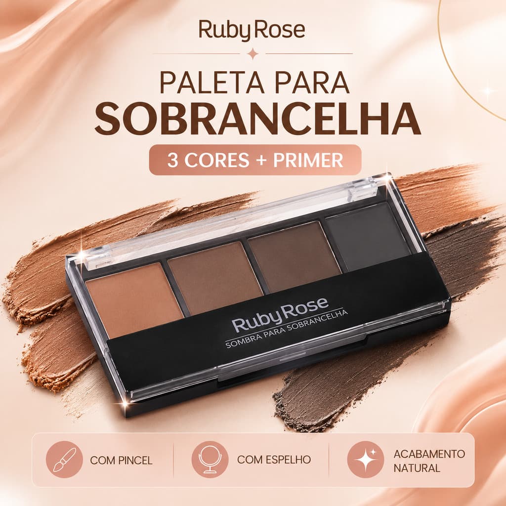 Paleta Sombra para Sobrancelha 3 Cores com Primer Pincel Espelho Ruby Rose