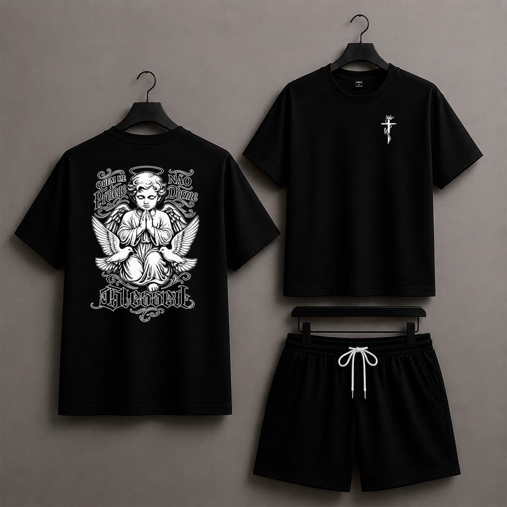 Kit camiseta estampada masculina camisa de algodão e short tactel