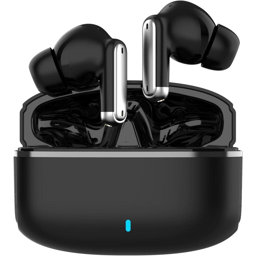 Este é um fone de ouvido TWS, com redução de ruído de microfone duplo, som estéreo HiFi, indicador de bateria LED, fones