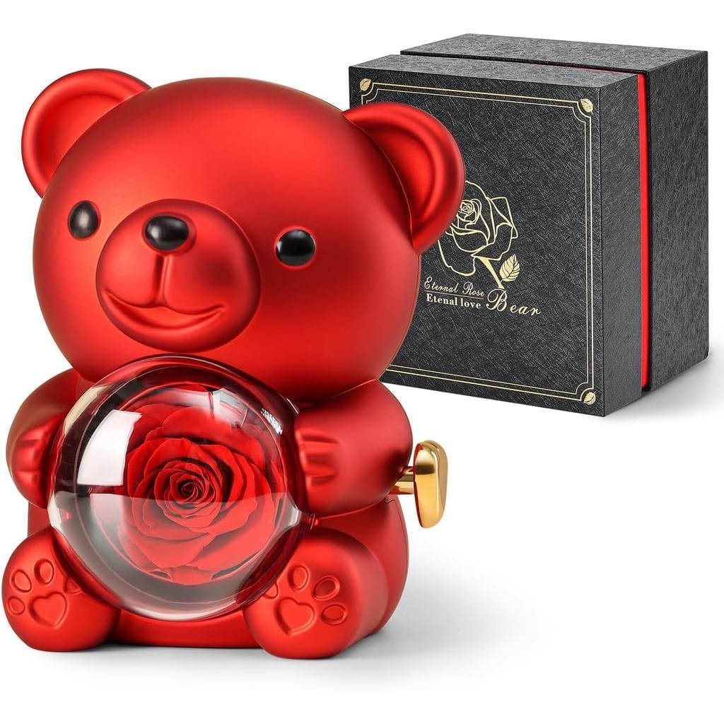 Urso de Pelúcia Fofo com Rosa Preservada - Uma de Rosa Real em Forma de Urso com Elegante - Prese
