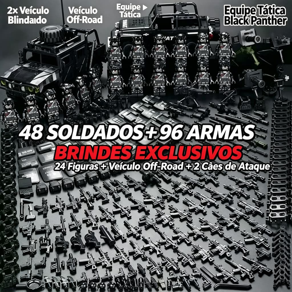 Fato Swat Militar, inclui 48 bonecos modelo, 96 armas, 24 escudos e um veículo. Blocos de construção compatíveis, adequa