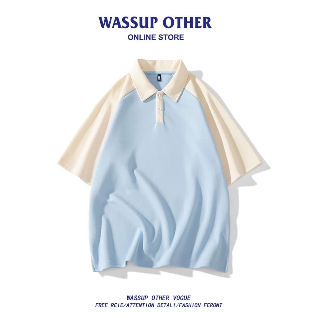 WASSUP OUTRO verão cor combinando manga curta masculina lapela pesada camiseta Casual meia manga Street Wear rufião boni