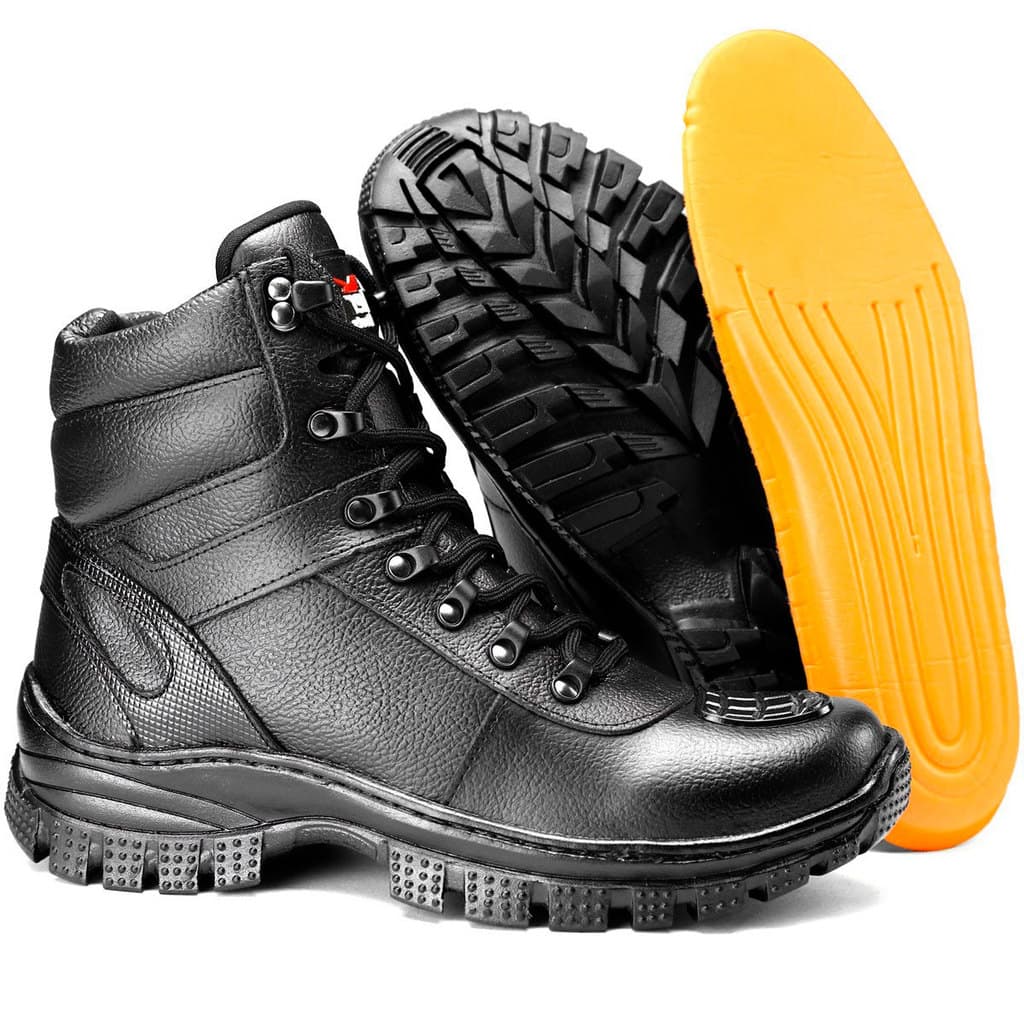 Bota Motociclista Coturno Masculino em Couro Preto com Palmilha Gel Conforto e Protetor de Marcha