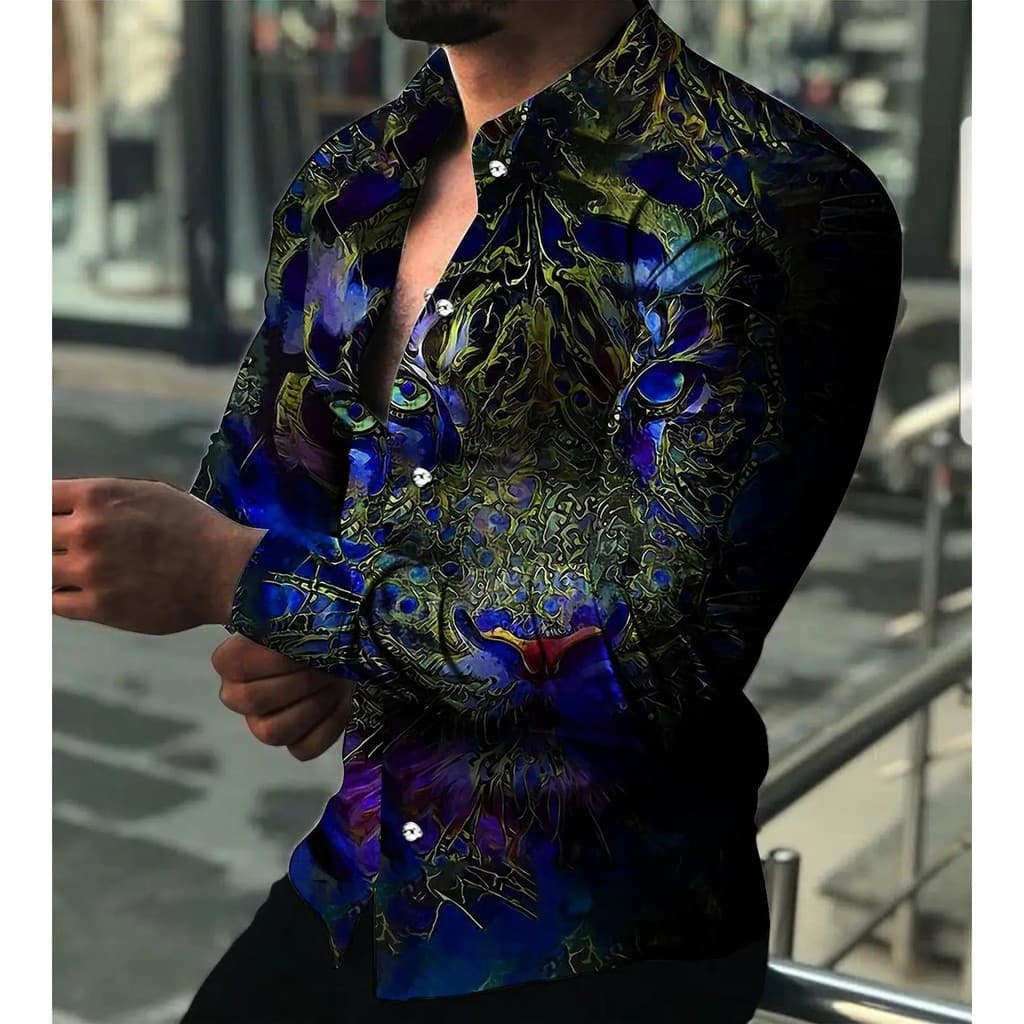Camisa Masculina da Moda para a Primavera, com Gola e Botões, Manga Longa, Estampa 3D de Cabeça de Animal, Tamanho Grand