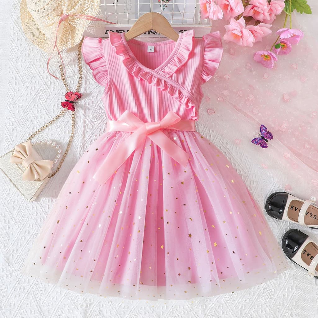 Vestido de Aniversário para Meninas, Vestido de Tule com Lantejoulas, Vestido de Princesa com Babados para Crianças, Ves