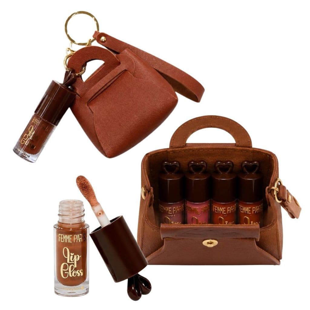 Kit Lip Gloss Femme Paris FR203 Chocolate com Chaveiro Bolsinha 4 Mini Glosses