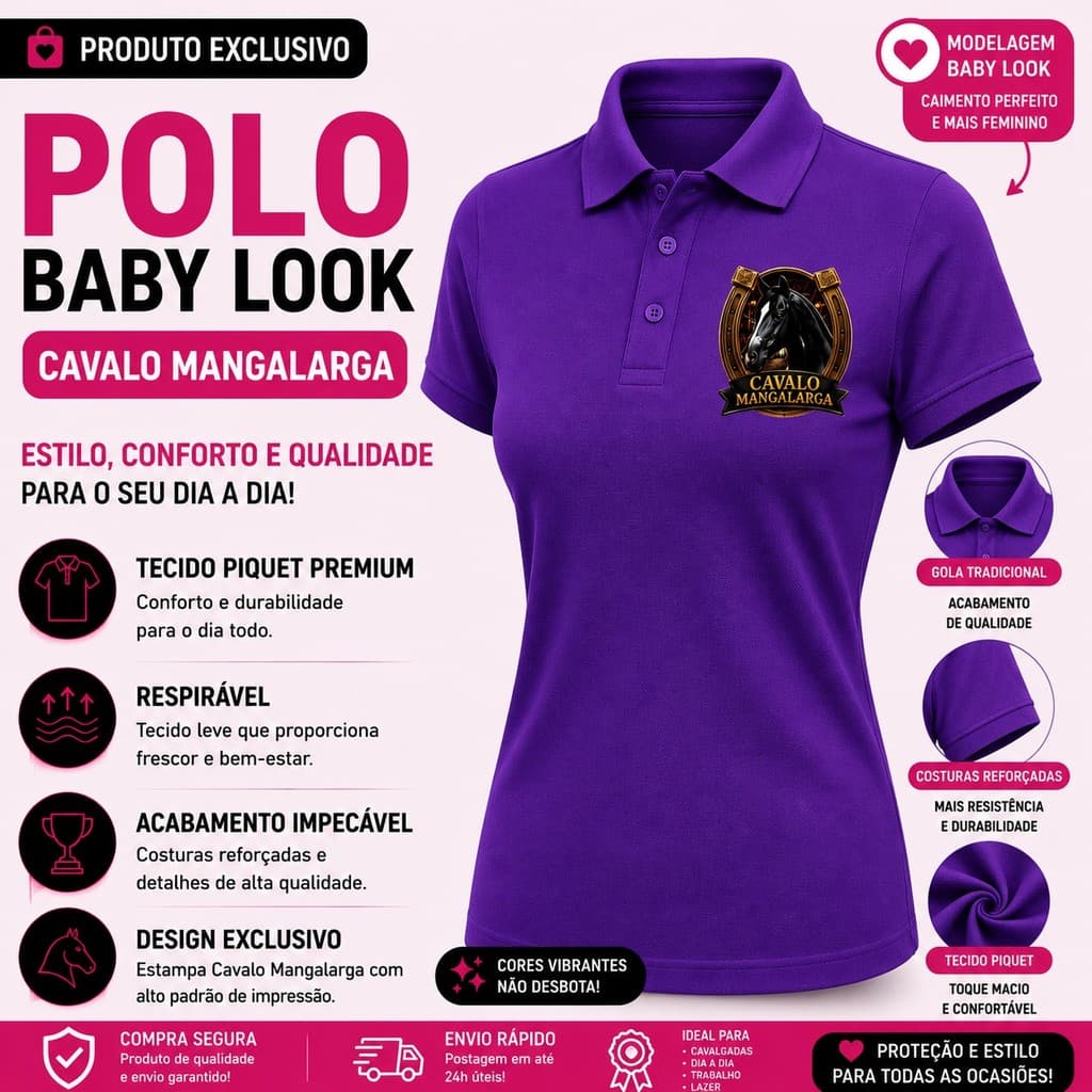 Camisa Polo Feminina Baby Look Cavalo Mangalarga