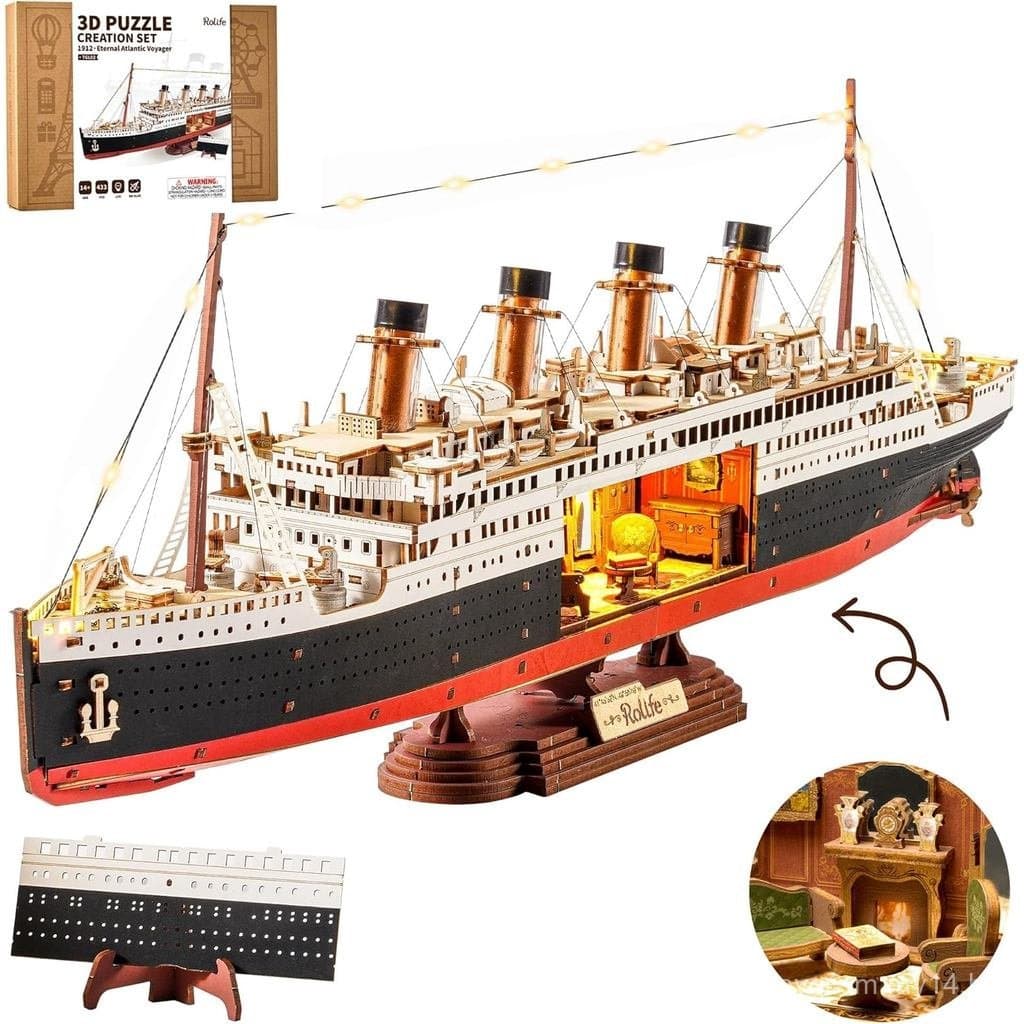 Quebra-cabeças 3D de Madeira Rolife para Adultos - Kit Modelo do Titanic com Luzes LED - Kit de Construção de Navio DIY