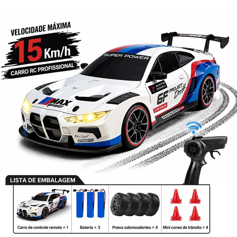 Carrinho de Controle Remoto Porsche 911 1:24 Drift Elétrico com Bateria Recarregável