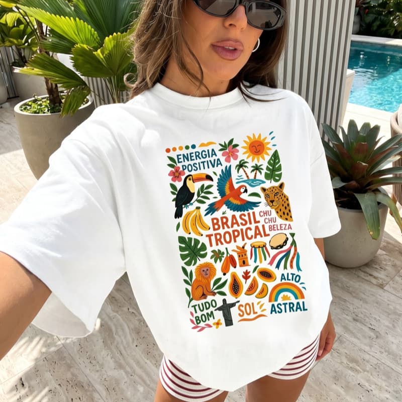 Camiseta 100% Algodão Estampada Gringa Tendência Verão Moda Feminina Casual Premium