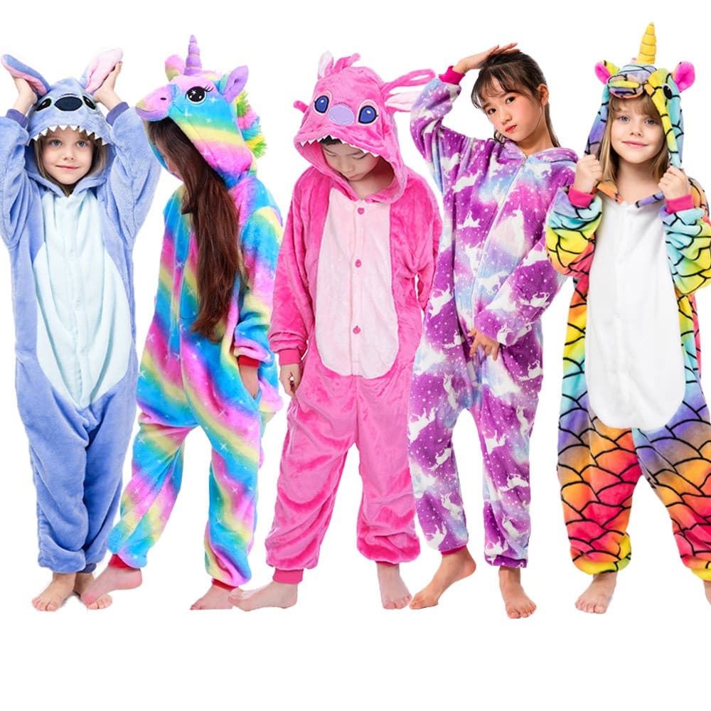 Novos Pijamas de Inverno em Tricô para Crianças, Kigurumi de Animais, Macacão de Panda e Unicórnio para Bebês, Roupas de