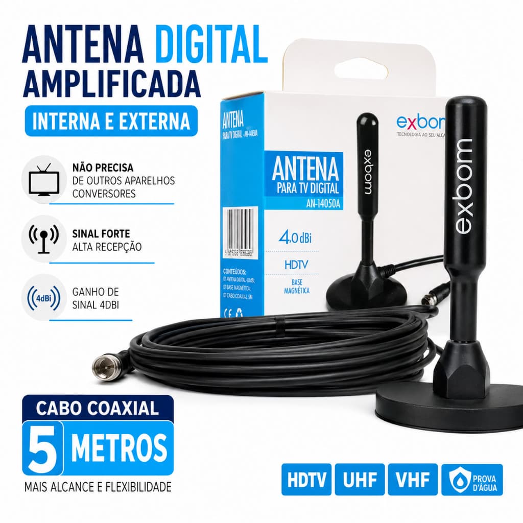 Antena Digital Amplificada Interna e Externa 5 Metros Base Imã Prova d'água 4DBI HDTV/UHF/VHF - Exbom Original