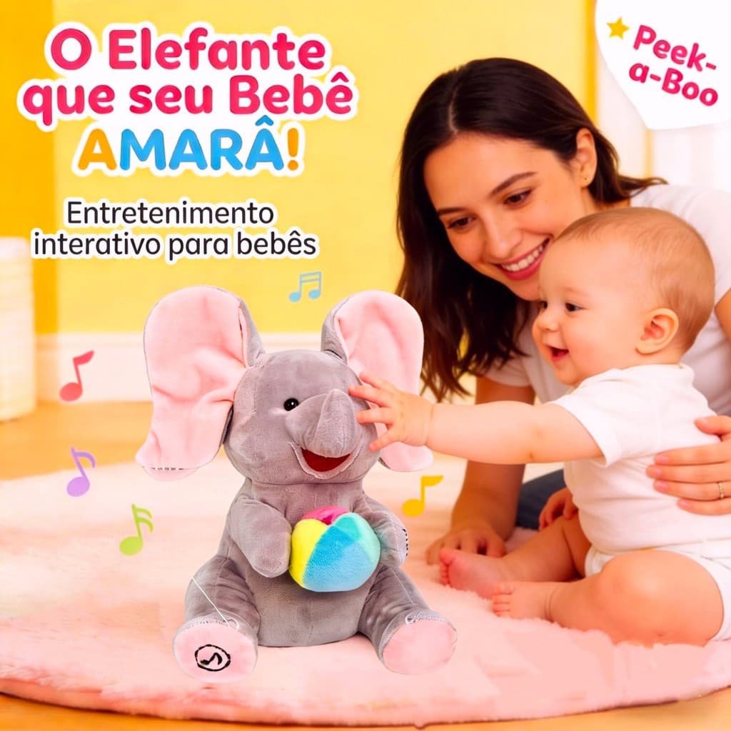 Brinquedo Elefante de Pelúcia Musical Interativo, Adequado para Jogos de Esconder e Buscar, Ideal para Recém-Nascidos 8
