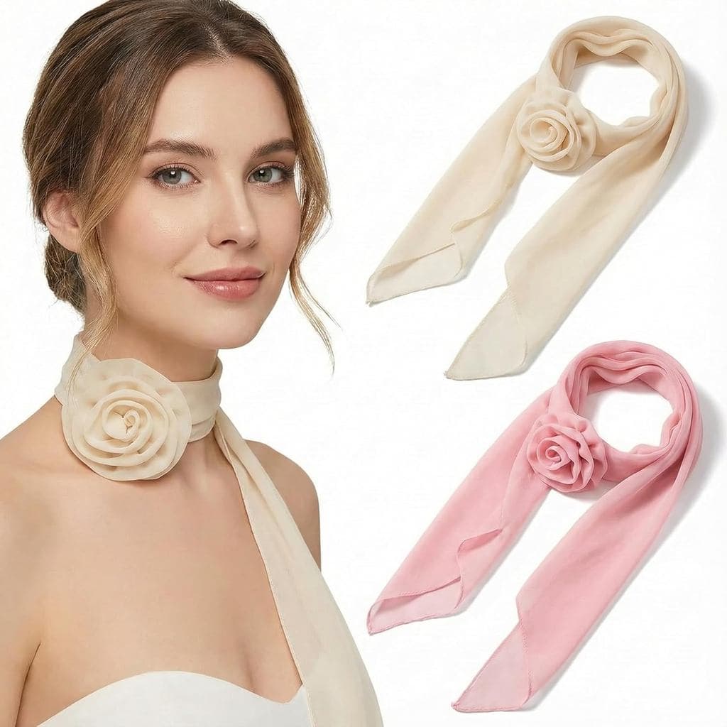 HOYDATE Conjunto de 2 Lenços de Chiffon com Rosas para Mulheres – Lenço Floral Leve para Pescoço com Broche de Flor Remo