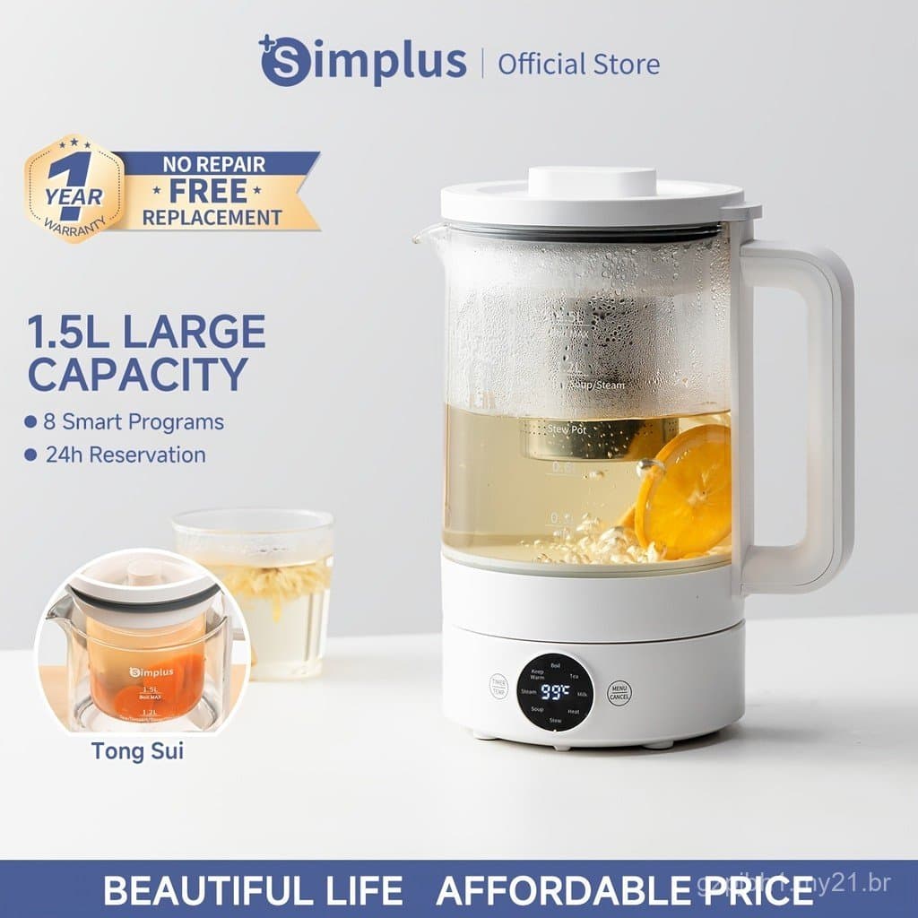 Simplus Health Pot: Uma chaleira elétrica versátil projetada para uso doméstico, com capacidade de 1,5 litros, temporiza
