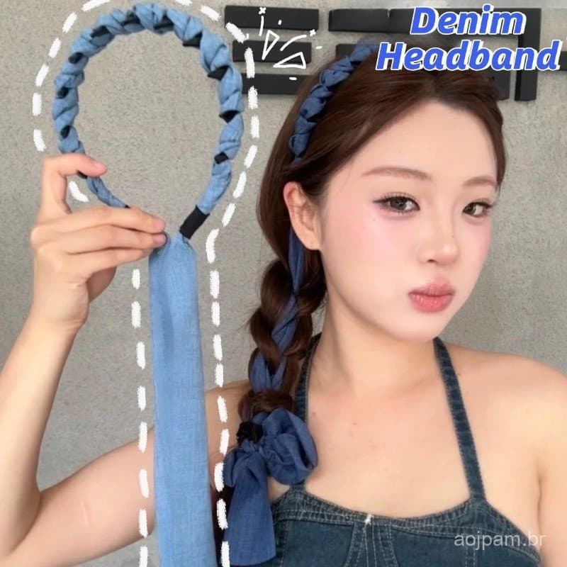 Coreano Elegante Denim Fita Trançada Bandana Antiderrapante Dentado Cabelo Hoop Feminino Meninas Estilo Férias Hairband