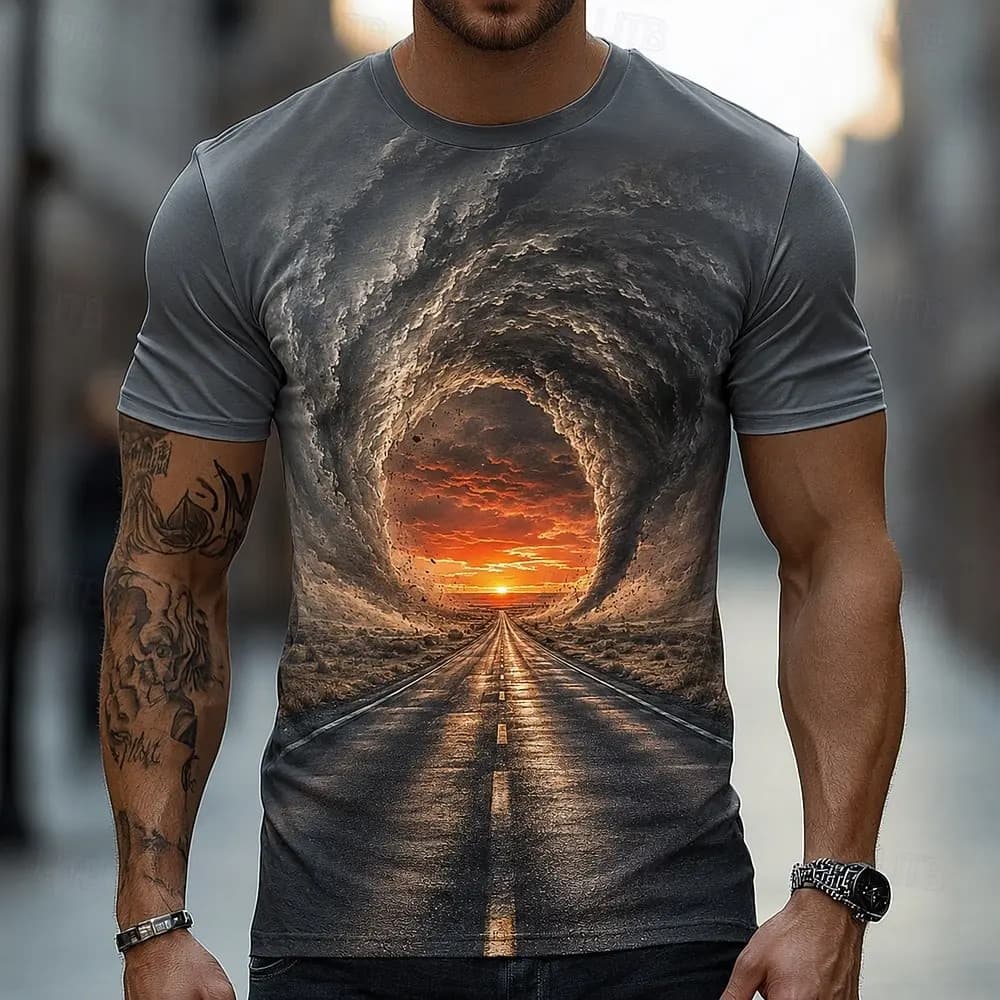 Camiseta Masculina Primavera Verão 3D Impressa Com Gola Redonda , Nuvem Escura Vortex Tunnel Dusk Road Storm Doomsday Gr