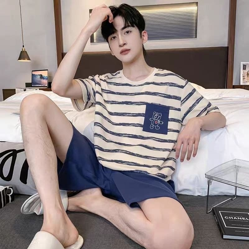 Pijama 100% algodão masculino de manga curta Loungewear listrado solto pijama masculino todos os dias algodão curto